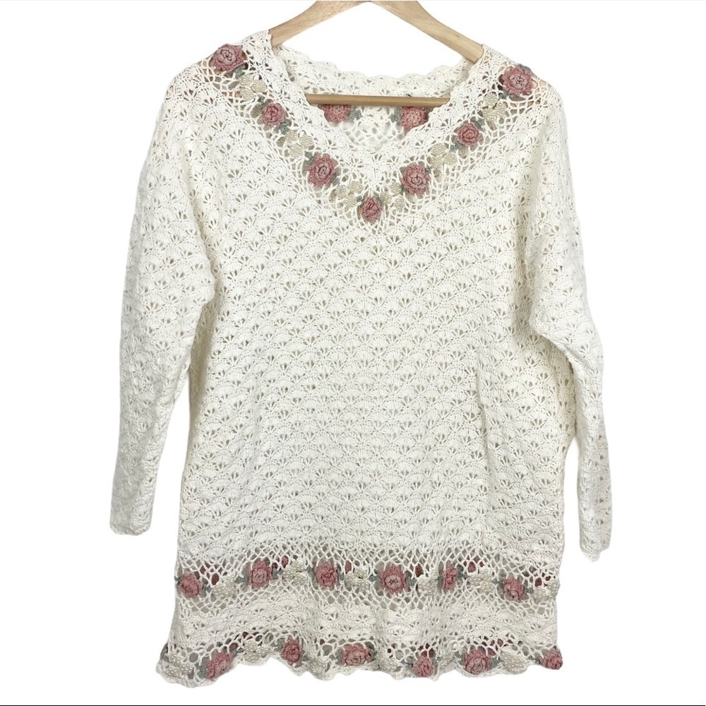 VINTAGE Crocheted Flower Embellished VNeck Sweater